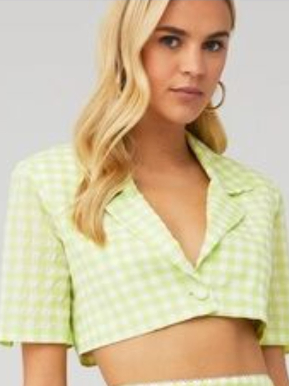 For Love & Lemons Lime Gingham Cropped Button-Front Top/Jacket